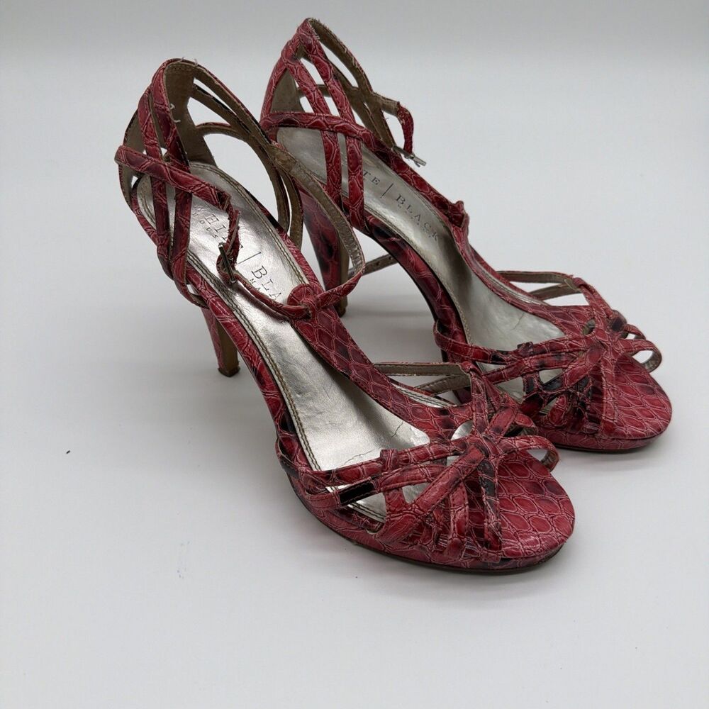 WHBM Quinn Pink Black Strappy Heels 8.5M Animal Print Snake Stiletto Chic